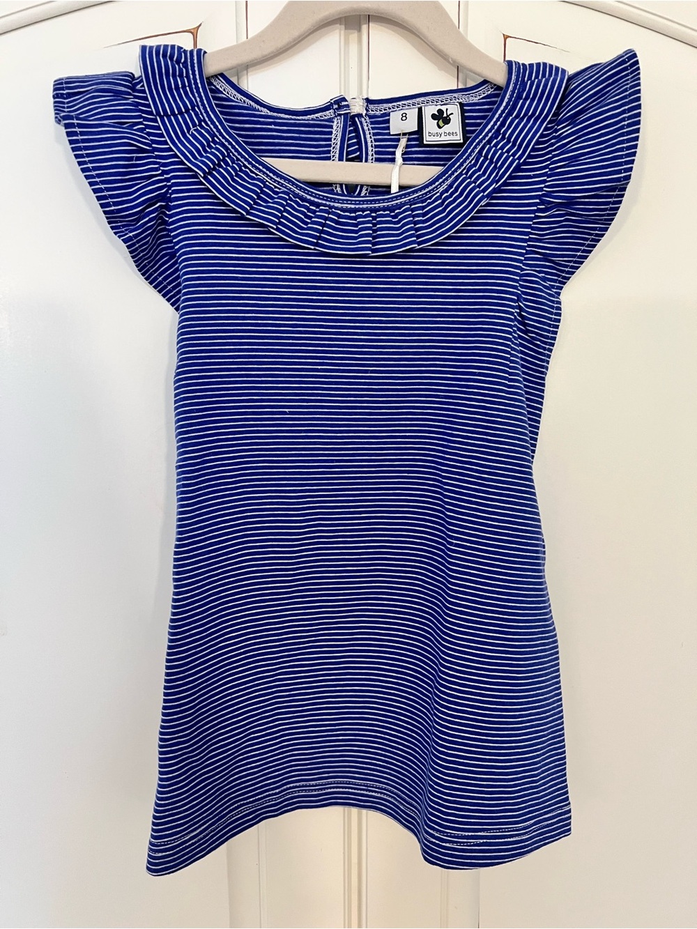 Girls' Blue Striped Ruffle Sleeve Top - Busy Bees